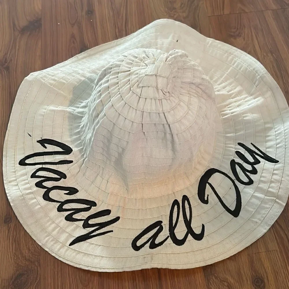 Vacay All Day tan in black collapsible sun hat beach hat